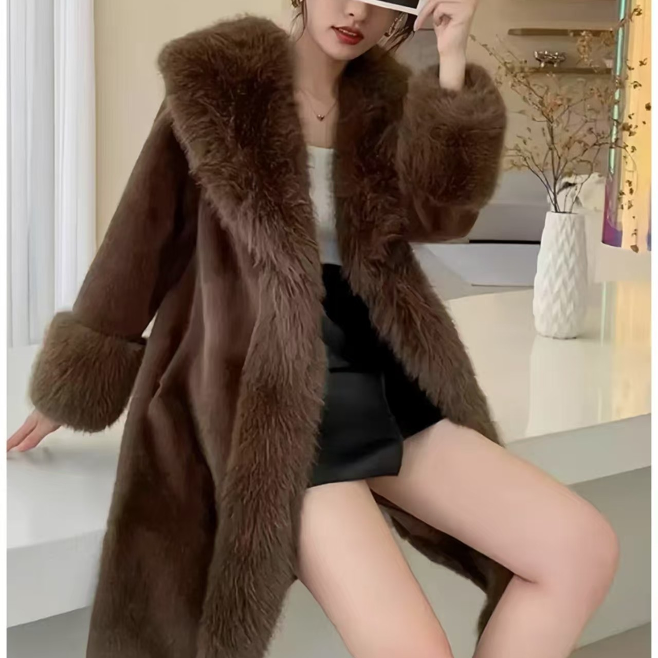 宽松型设计师长款雪兰貂皮草大衣外套