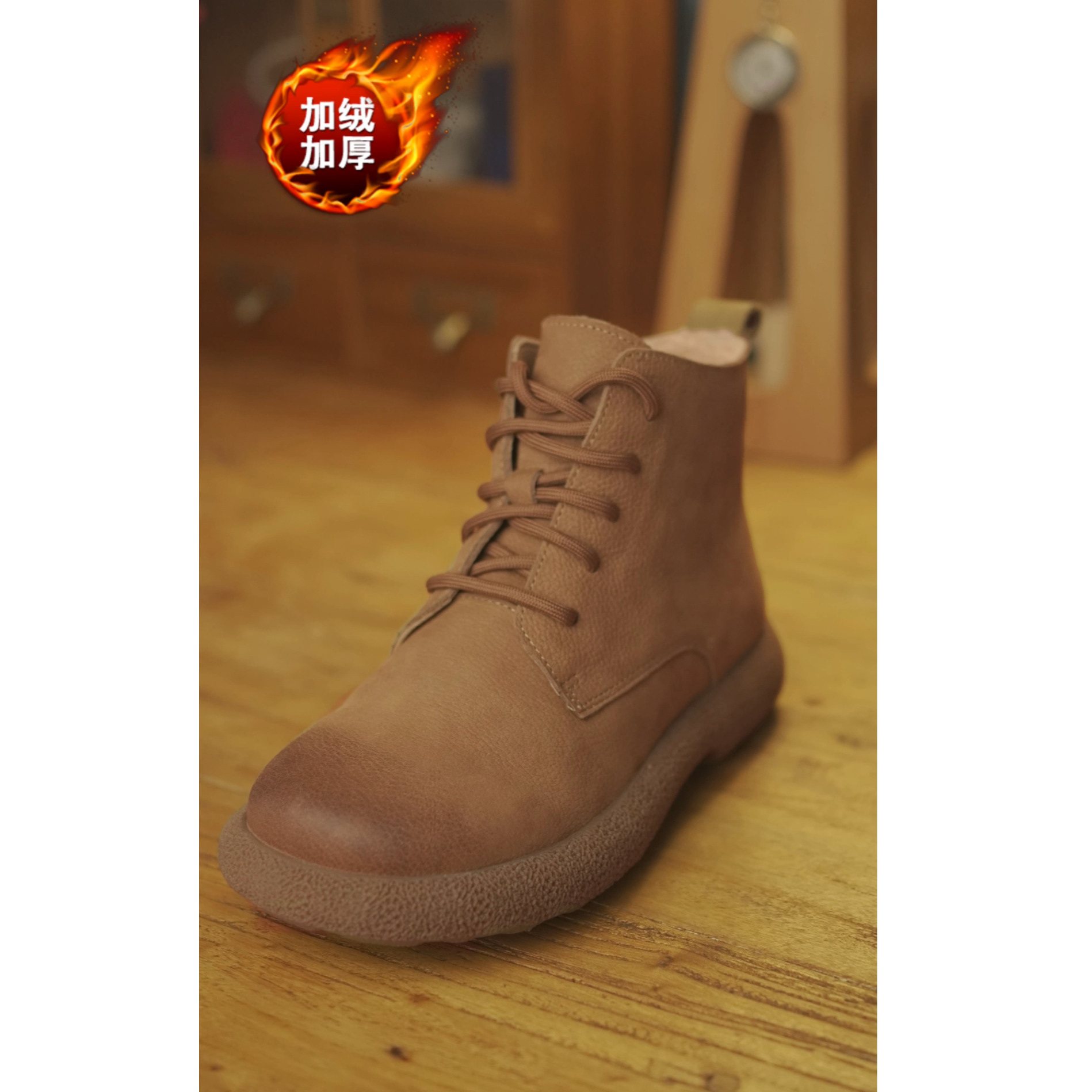 冬季女款加绒复古头层磨砂牛皮手工擦色马丁靴休闲百搭4444（棉里）