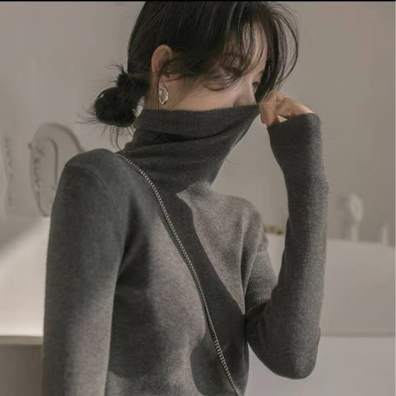 堆堆领毛衣打底衫女秋冬季新款修身显瘦灰色内搭针织衫软糯上衣