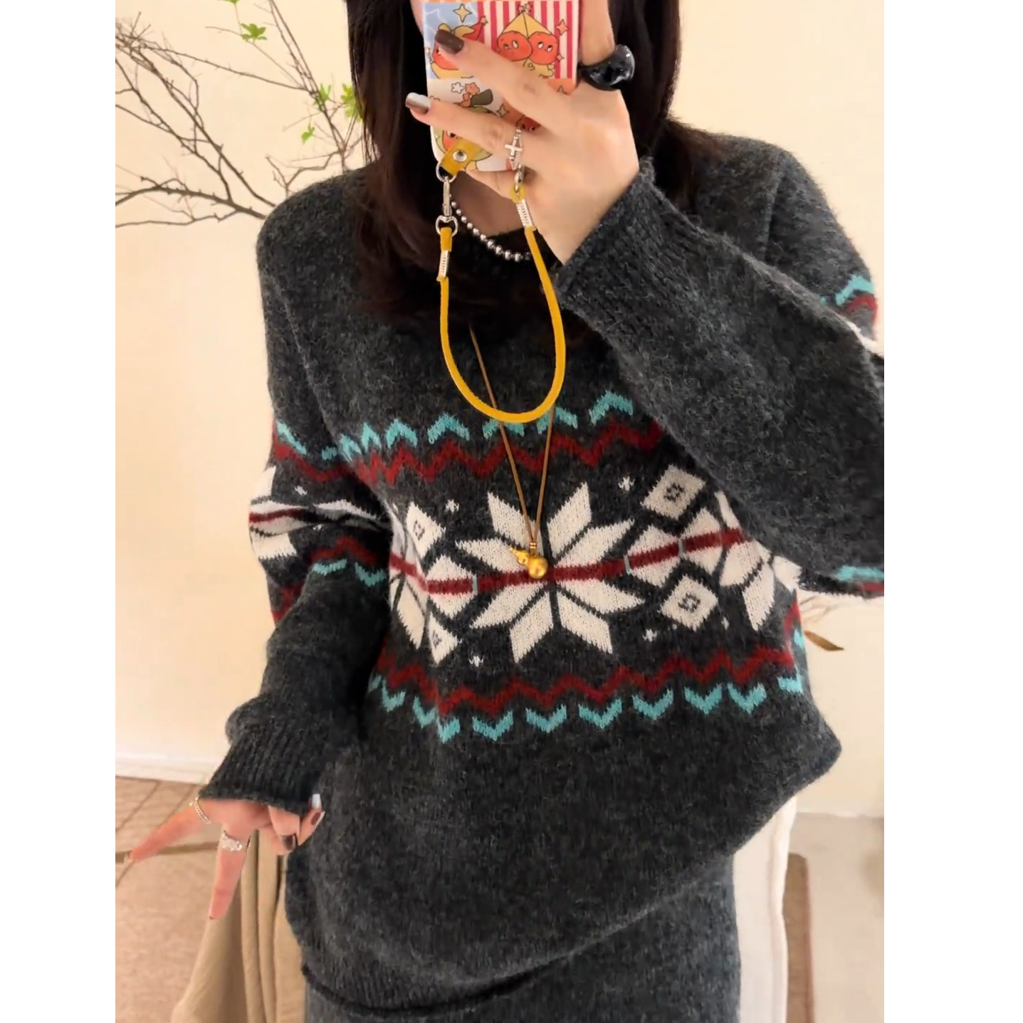 韩系高级感费尔岛复古提花上衣女2026早春爆款减龄显瘦百搭针织衫