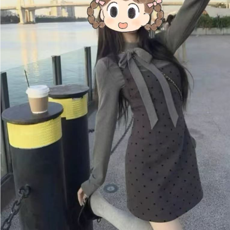 韩系波点连衣裙显瘦蝴蝶结打底T恤两件套套装