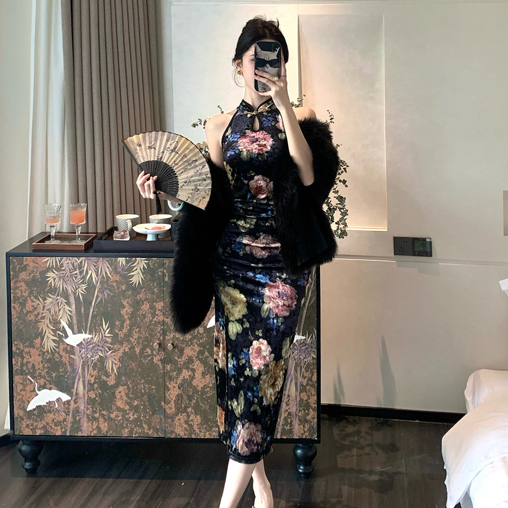 新中式无袖旗袍金丝绒印花显瘦开叉性感修身百搭包臀连衣裙女秋季