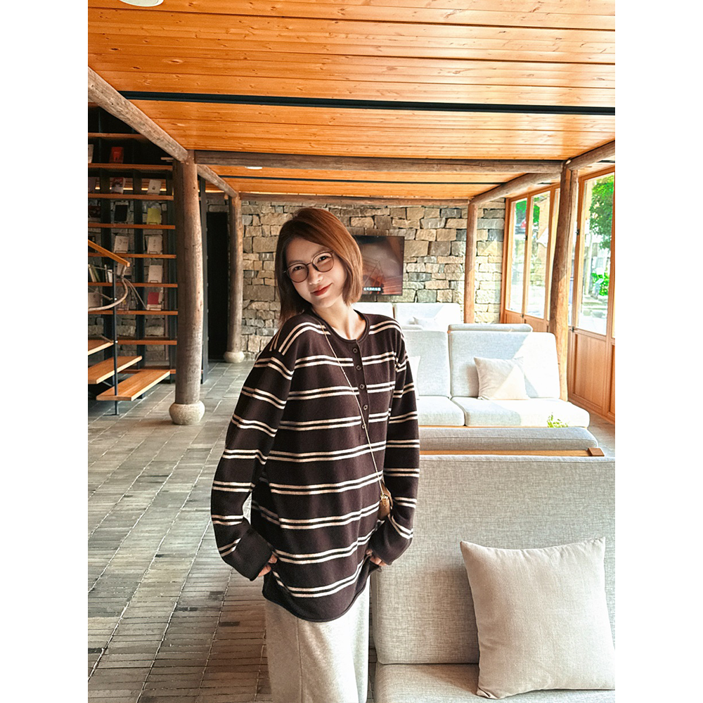 【唐悠悠】250g110支超细山羊绒羊毛条纹卷边针织衫女上衣慵懒风