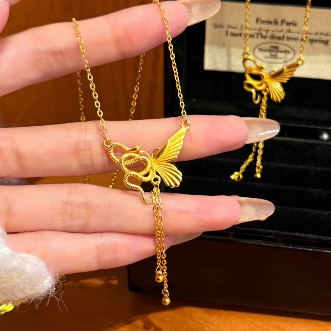 铜合金项链 新中式国潮风 「灵蛇与蝴蝶项链」古法流苏蛇与蝶吊坠