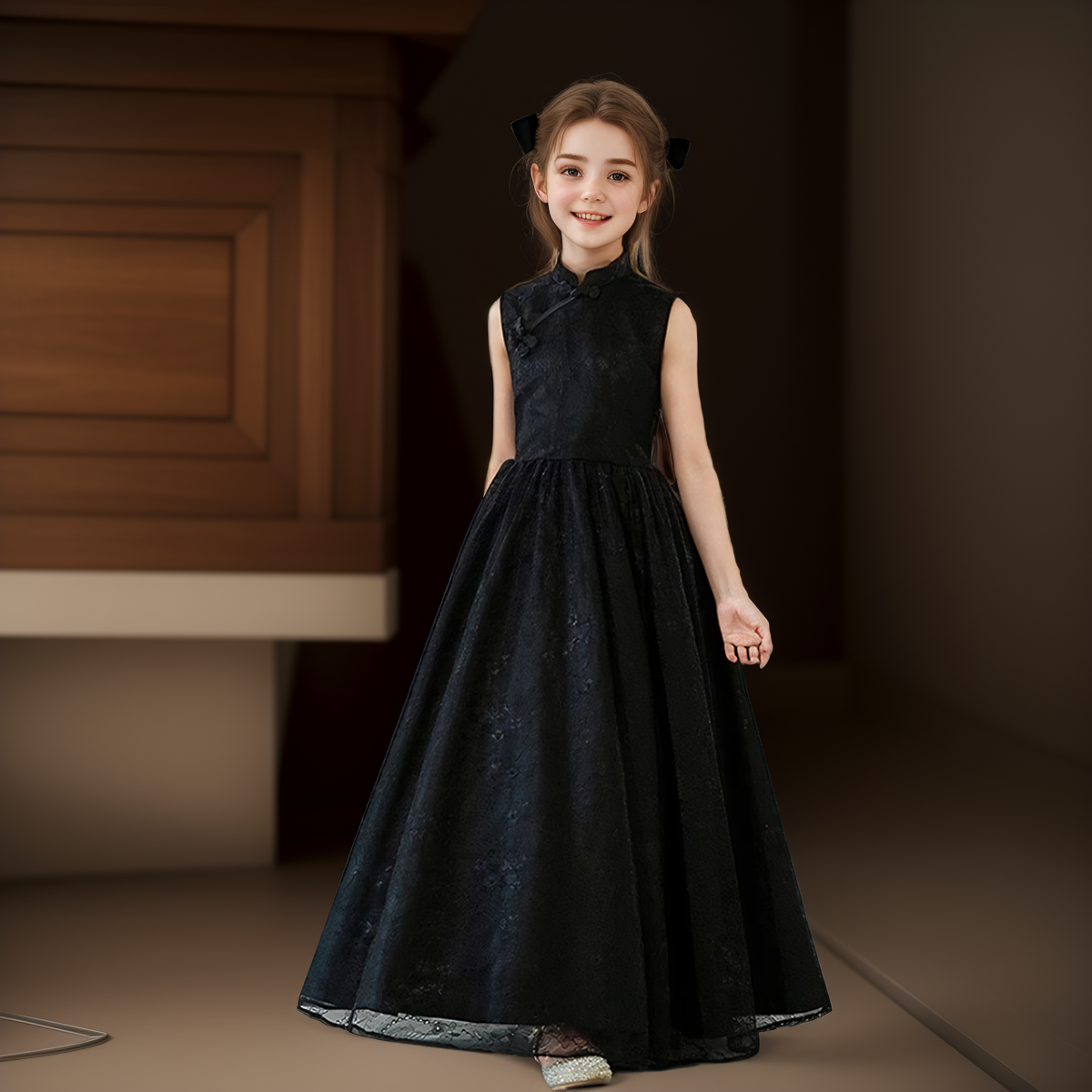 中式女童礼服裙夏中学生成人礼黑色端庄大气女大童演出高端定制裙