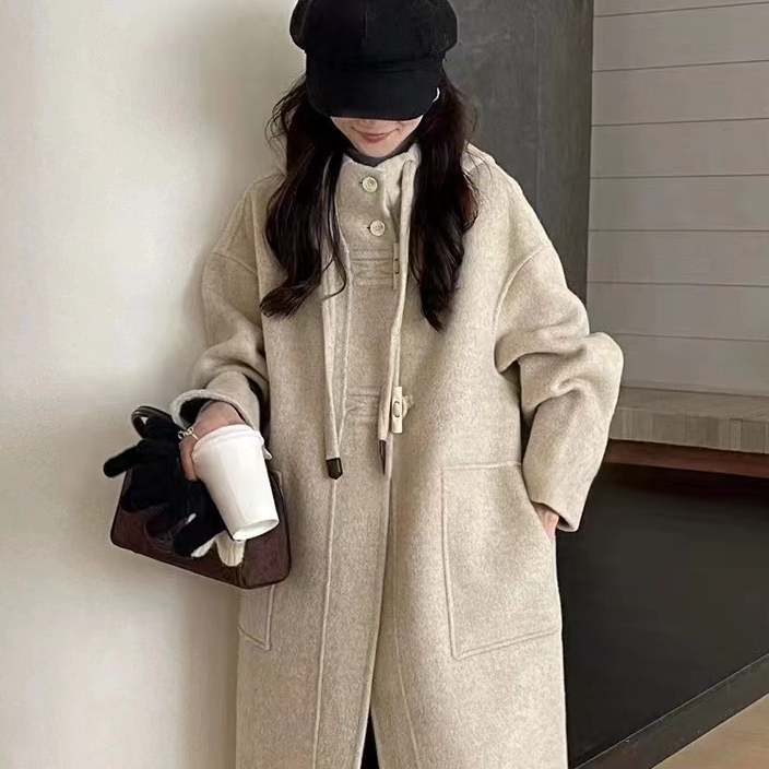 【温柔流光】秋冬连帽高级感新款双面羊毛大衣韩版百搭慵懒风中长款