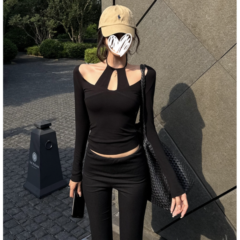 美式辣妹性感挂脖镂空露肩长袖T恤女秋装新款修身上衣内搭打底衫