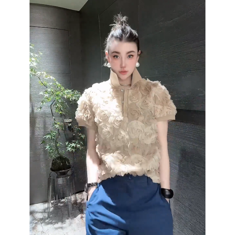 法式复古杏色花朵立领短袖T恤秋季2025设计感宽松显瘦衬衫上衣女