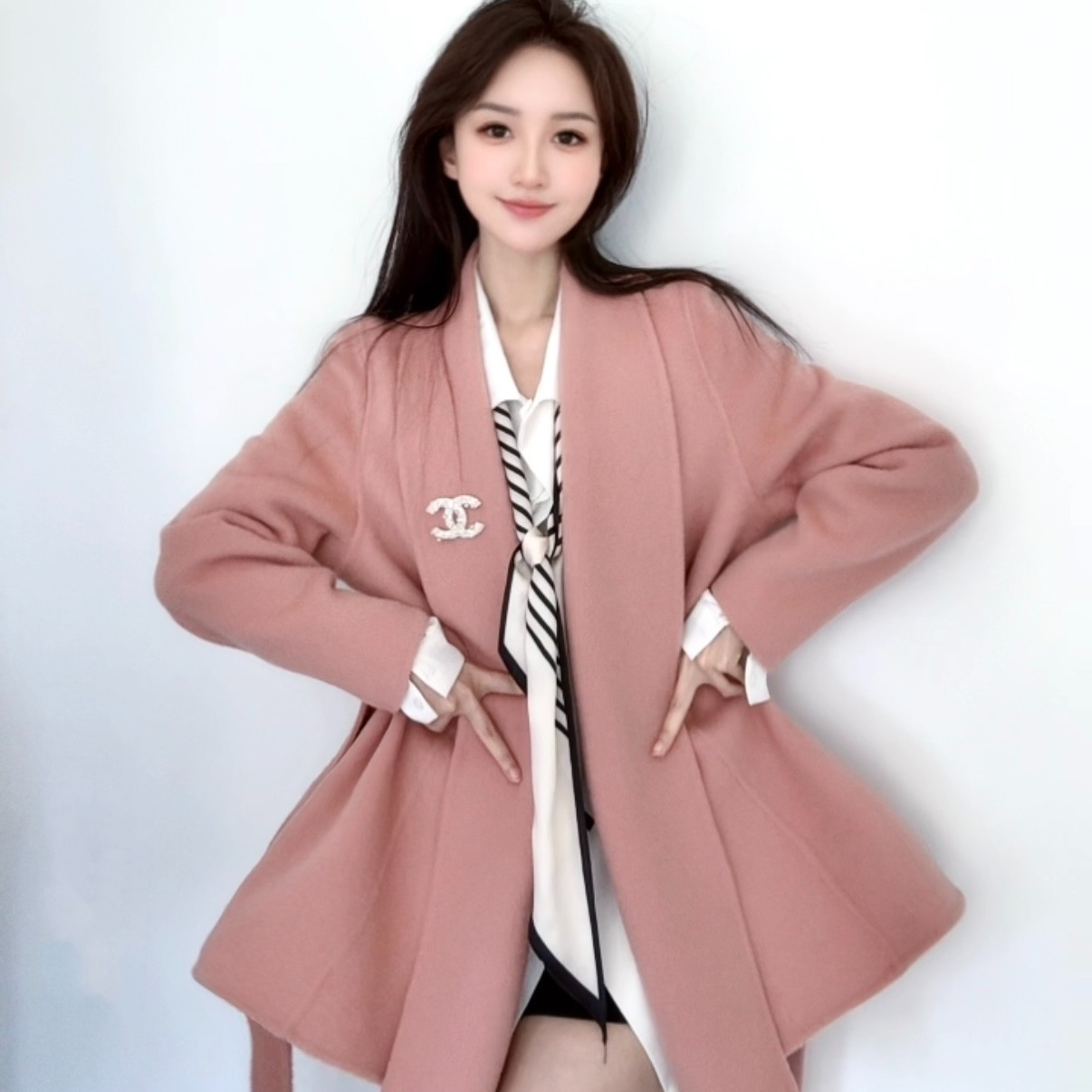 8083豆沙色短中款大衣高端羊毛羊绒小个子显瘦高级百搭时尚春秋冬