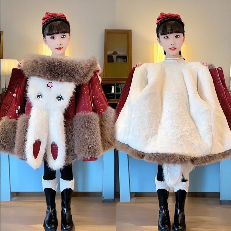 女童皮毛兔耳朵拜年服外套冬装新款儿童加绒加厚女孩轻奢风棉袄