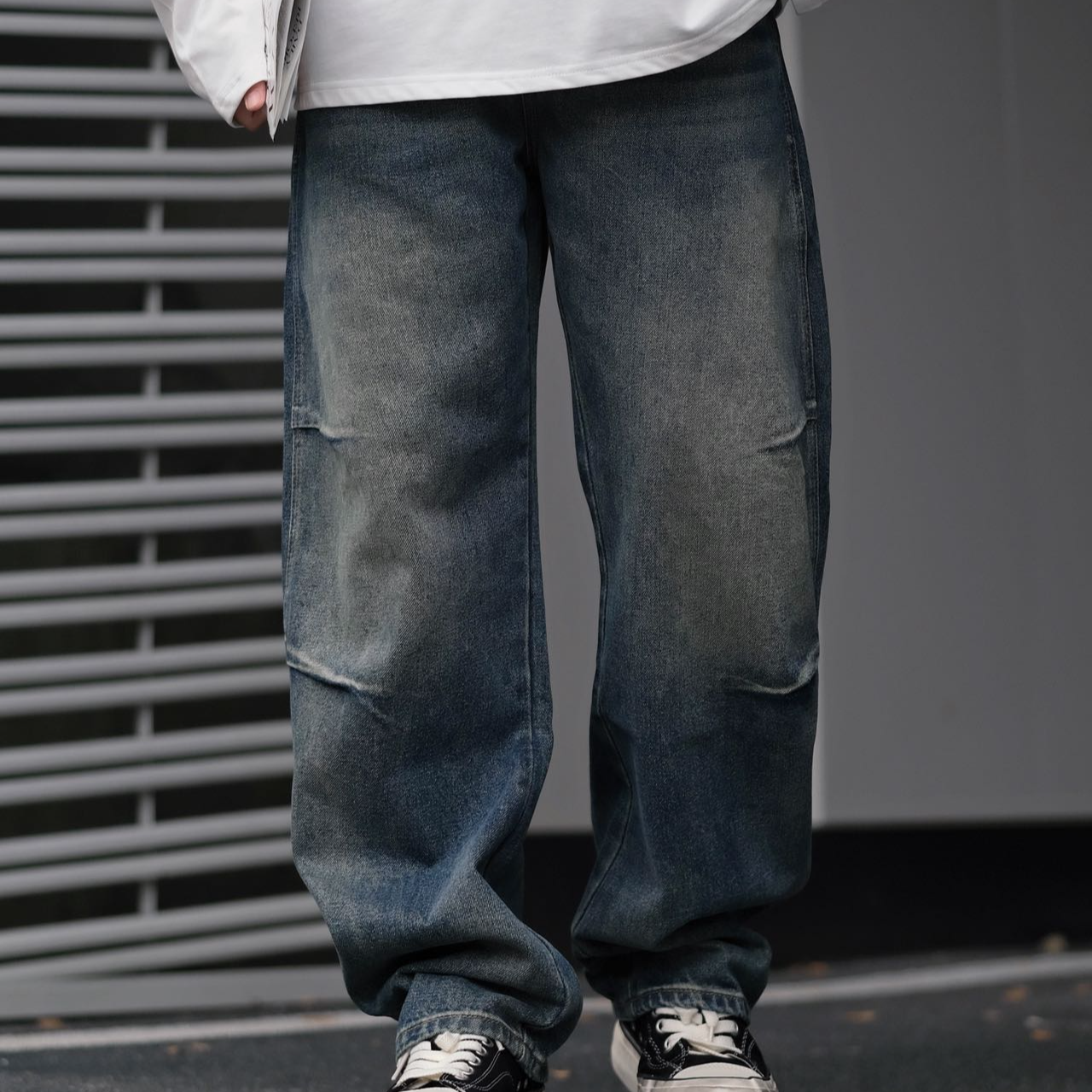 四季重磅复古水洗掐褶牛仔裤秋季休闲宽松直筒裤松紧腰长裤26302