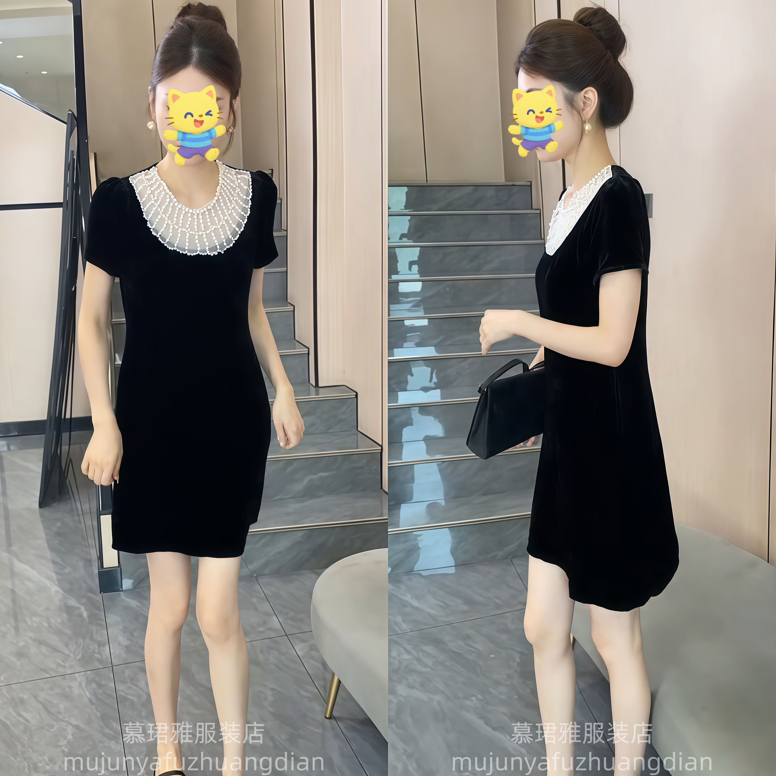 炸街高品质时尚连衣裙女2025夏季新款气质圆领钉珠显瘦中长裙