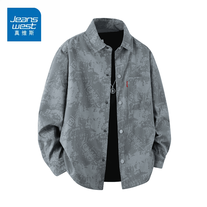 真维斯2025春秋新款大码长袖衬衫男宽松美式复古高街满印衬衣外套