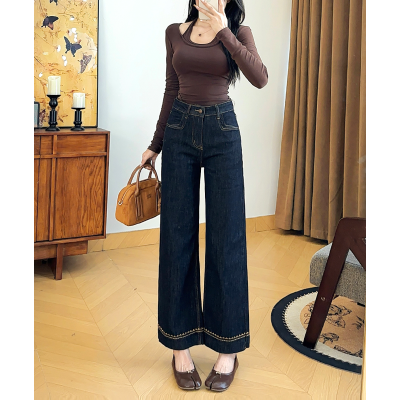 乔栈黑金色窄版直筒牛仔裤女2025秋季刺绣新款高腰宽松显瘦九分裤