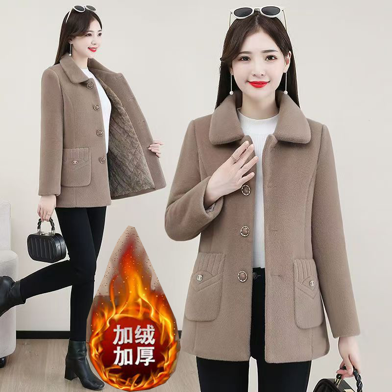 妈妈冬装加绒加厚仿水貂绒外套中老年女装秋冬气质高贵毛呢上衣服