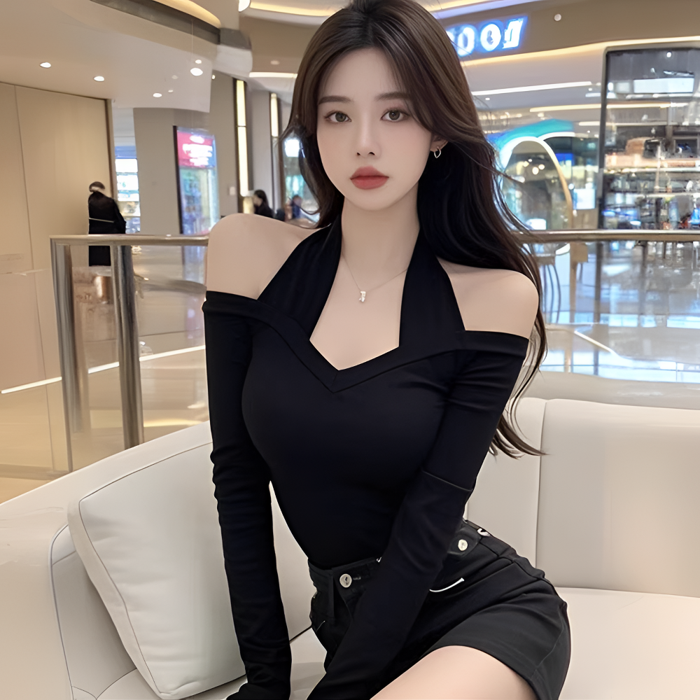 秋冬别致辣妹一字肩挂脖打底衫女内搭设计感修身露肩长袖绝美上衣