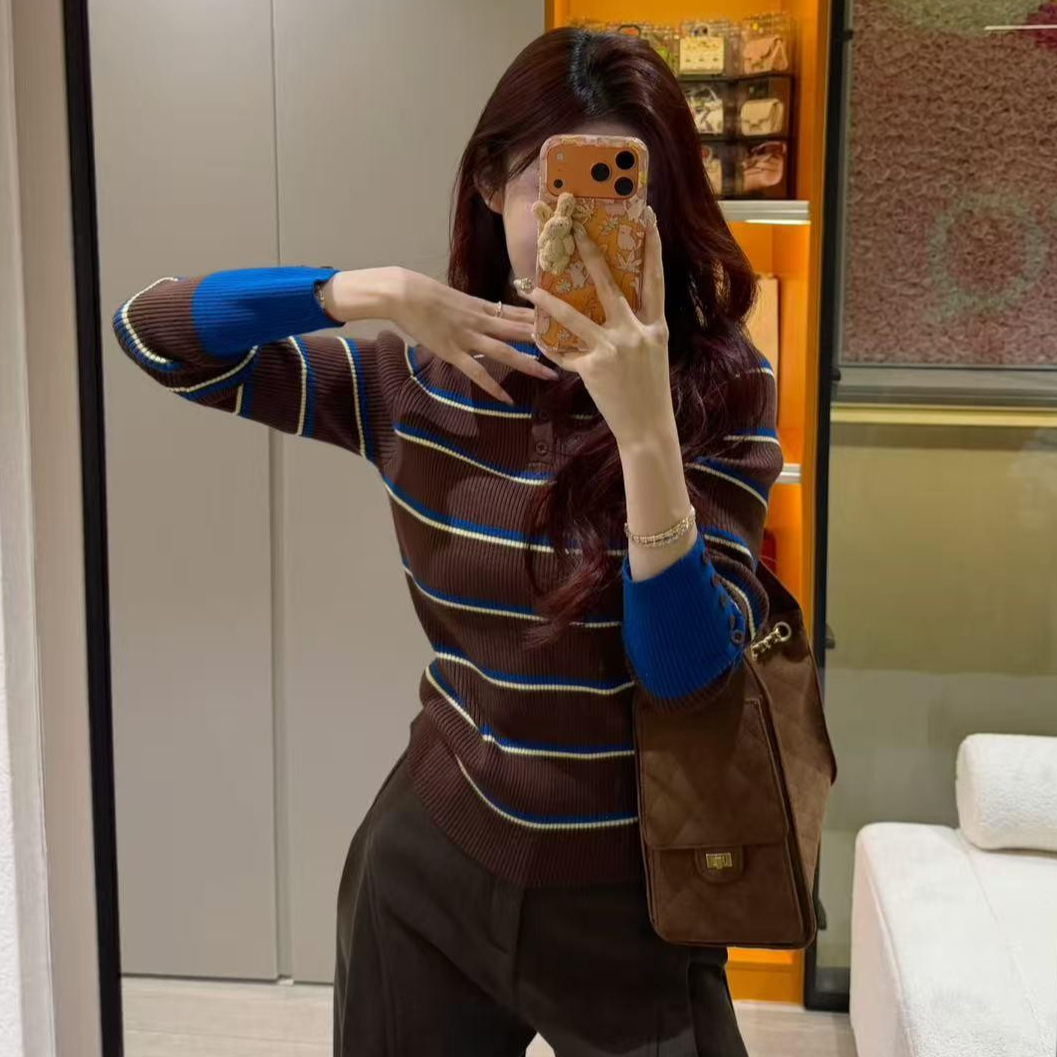 G728#大码自留~复古撞色条纹半高领毛衣女秋冬保暖显瘦上衣女秋冬