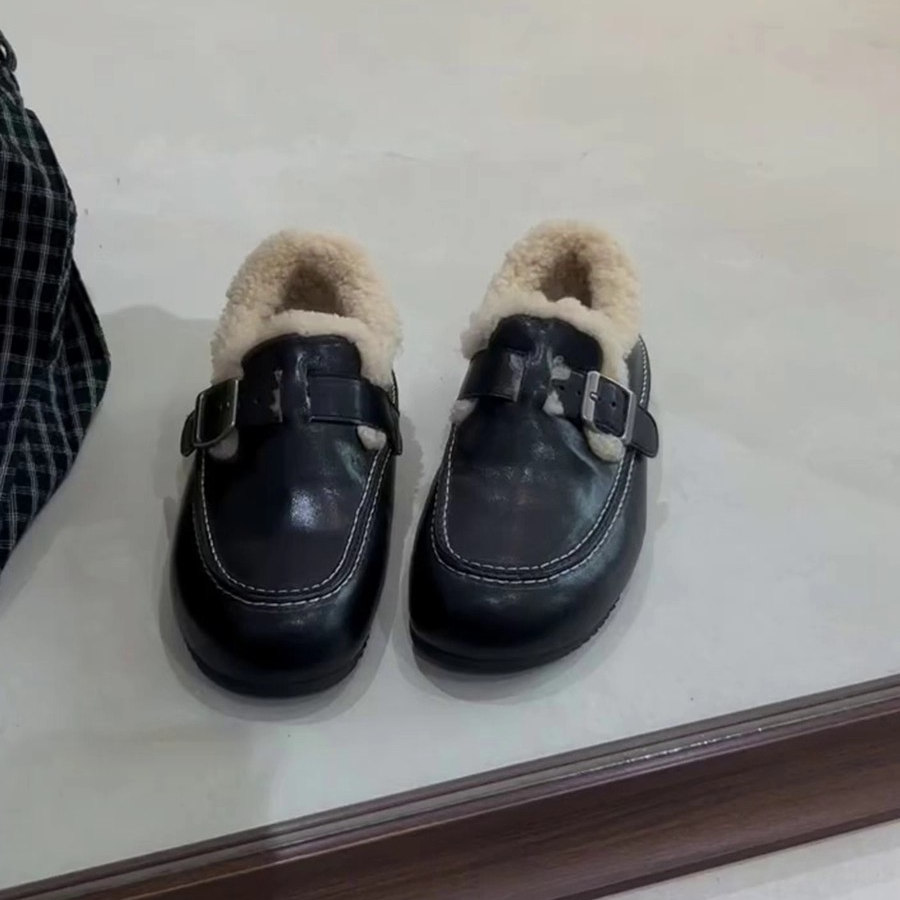 羊皮版~时尚懒人复古百搭舒适女加绒软底皮带扣内增高保暖毛毛鞋