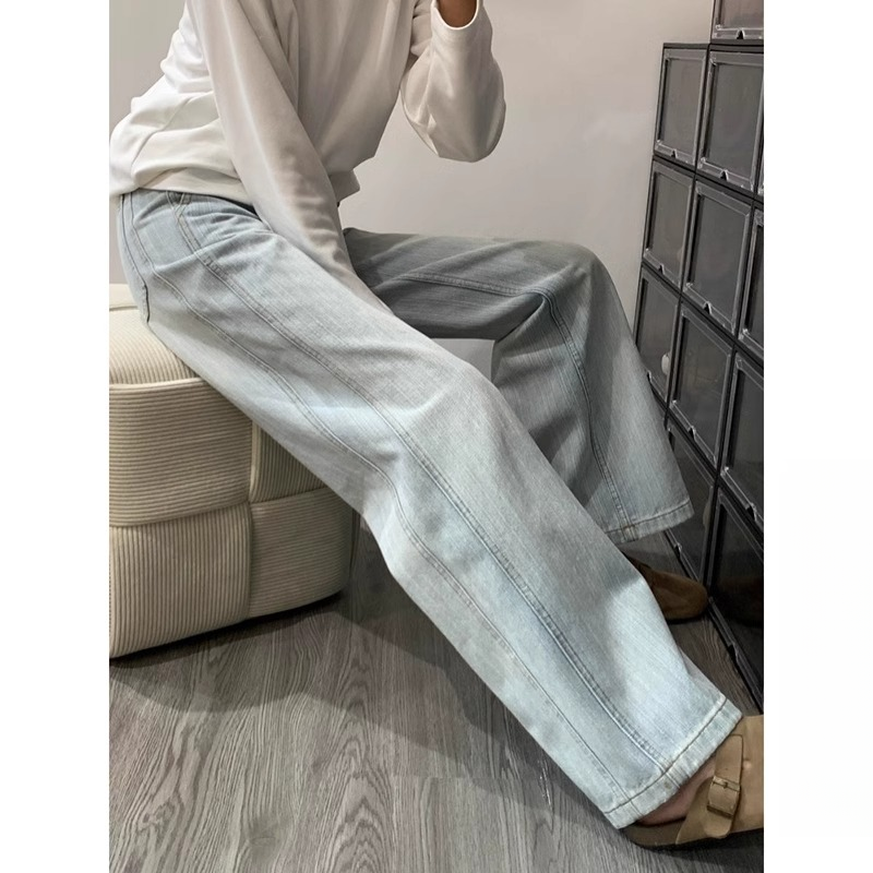 高个子浅蓝竹节纹理宽松直筒牛仔裤女春夏高腰垂感拖地阔腿拖地裤