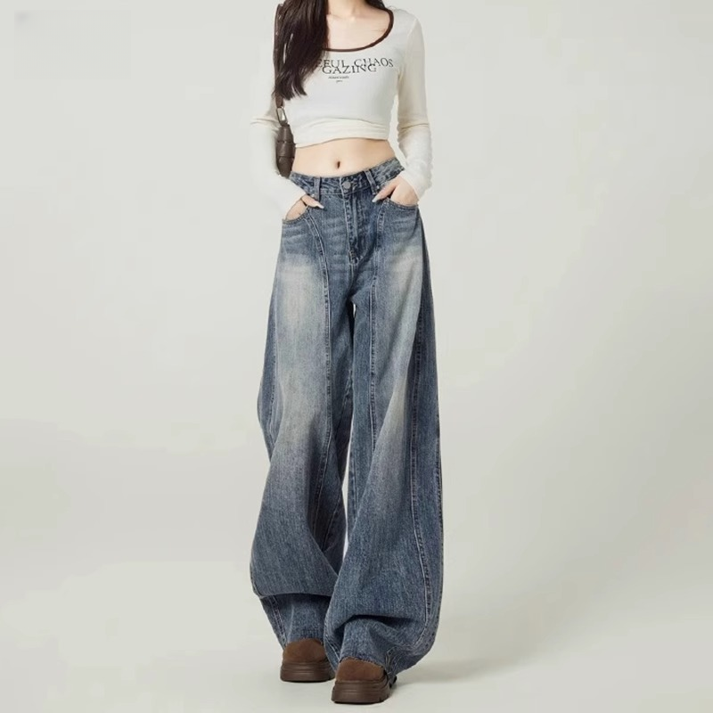 复古蓝磨白阔腿牛仔裤女2025春秋新款设计感毛边高腰垂感弯刀裤子