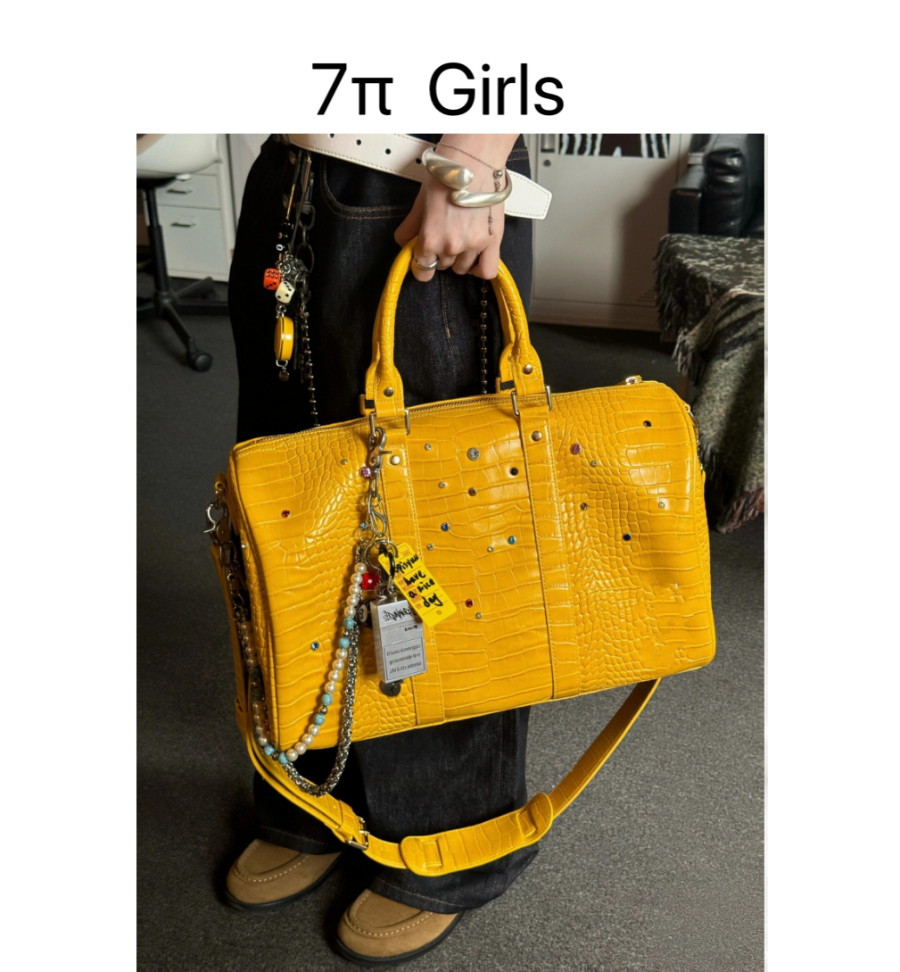 欧美黄色防鳄鱼纹路手提托特包街头潮流旅行袋大容量单肩斜挎包女