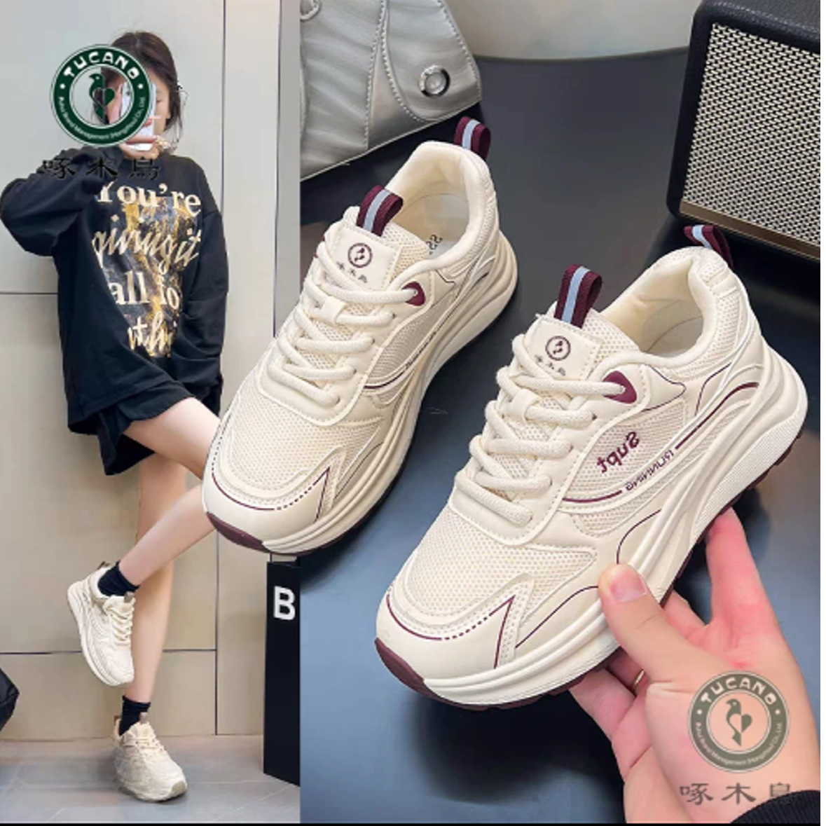 啄木鸟真皮女鞋网面透气夏款时尚百搭休闲运动鞋