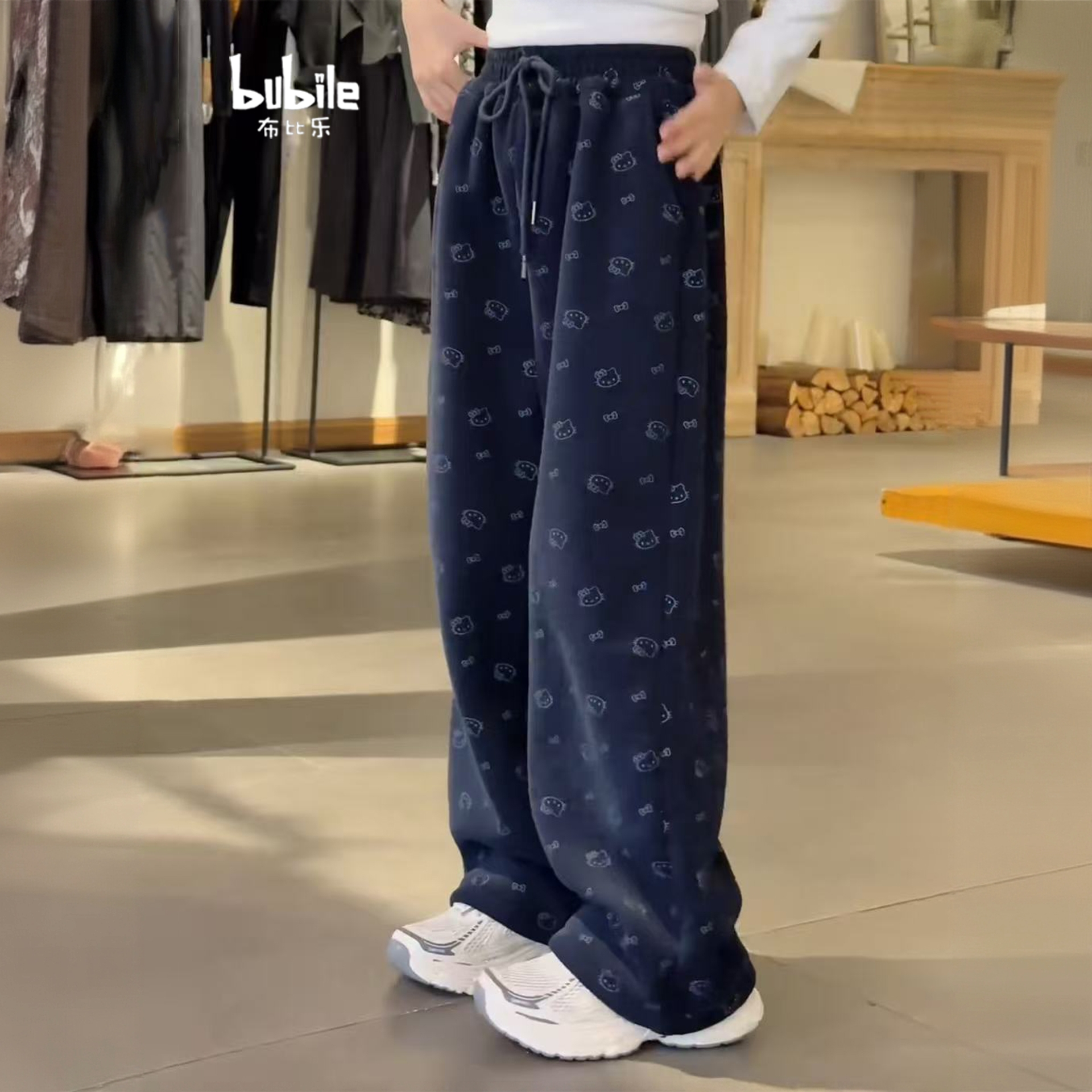 女童加绒裤子2025新款秋冬款满印kt猫阔腿裤冬季儿童宽松休闲长裤