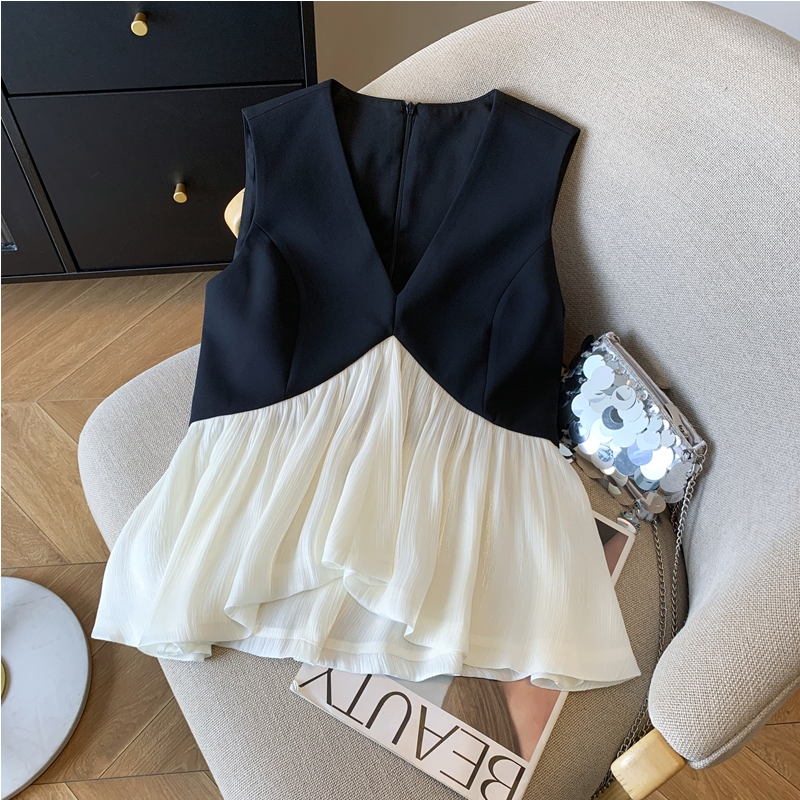 时尚拼色背心轻奢撞色V领无袖上衣设计修身百搭显瘦黑白拼接背心