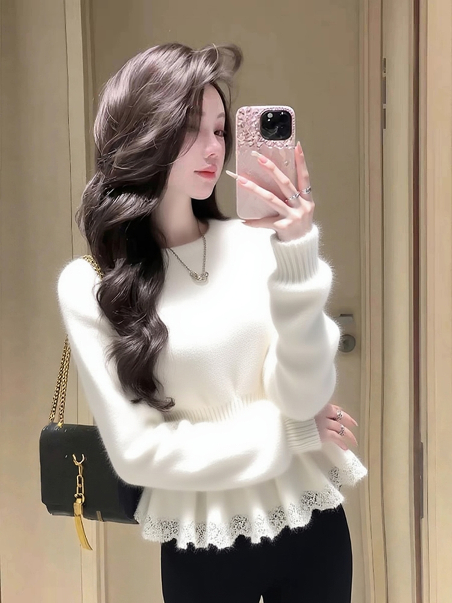 白色毛衣女冬高级感独特漂亮气质减龄荷叶边掐腰小香风针织衫上衣