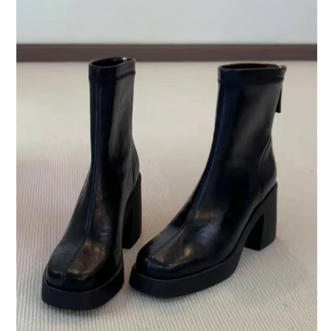 羊皮版~真皮方头高跟瘦瘦靴子2025秋冬新款粗跟法式短靴女马丁靴