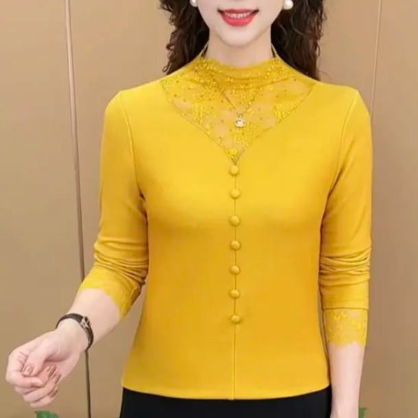 2025秋冬新款时尚蕾丝拼接双面绒休闲打底衫百搭洋气妈妈装上衣