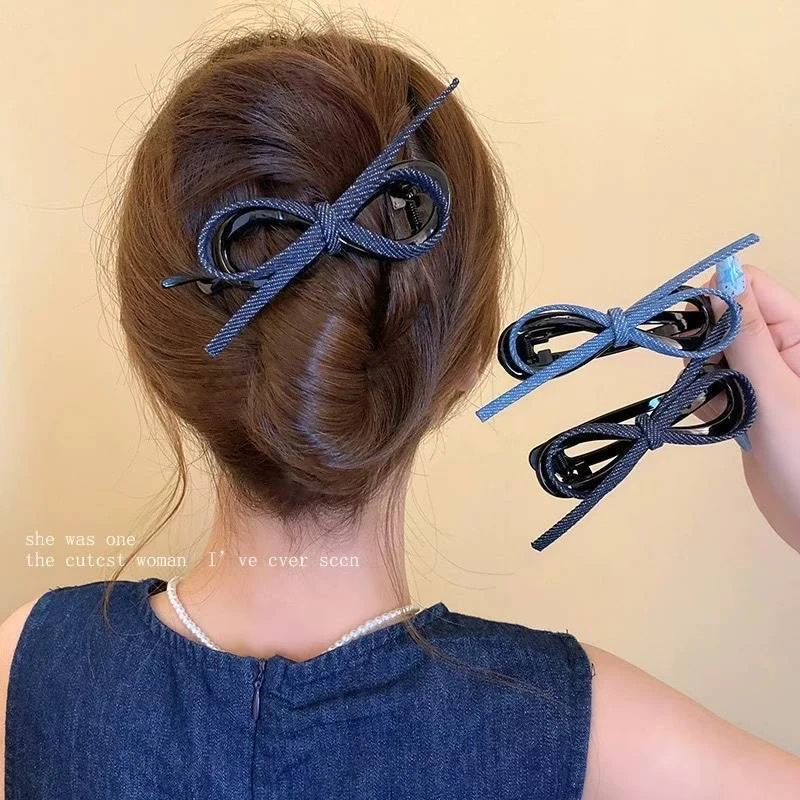 复古牛仔蝴蝶结扭扭夹女高级感2025新款一字抓夹后脑勺盘发夹发饰
