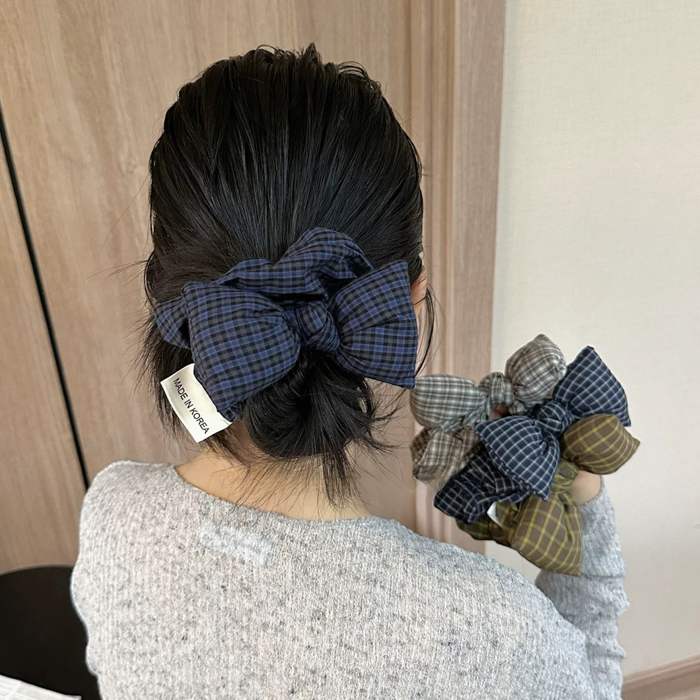 韩版气质优雅少女充棉蝴蝶结格纹大肠发圈高级感马尾头绳头花发绳