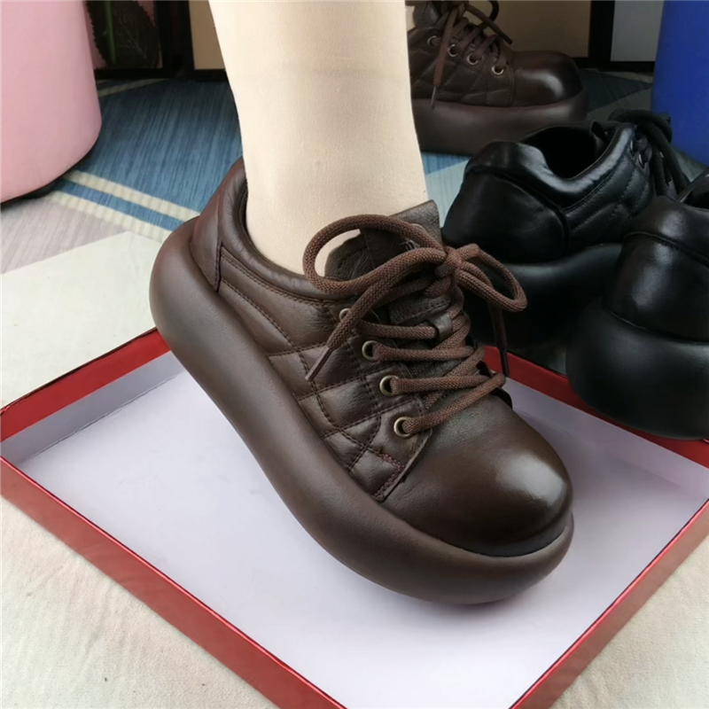 复古休闲鞋百搭轻便软底妈妈鞋真皮系带圆头深口厚底小皮鞋单鞋女