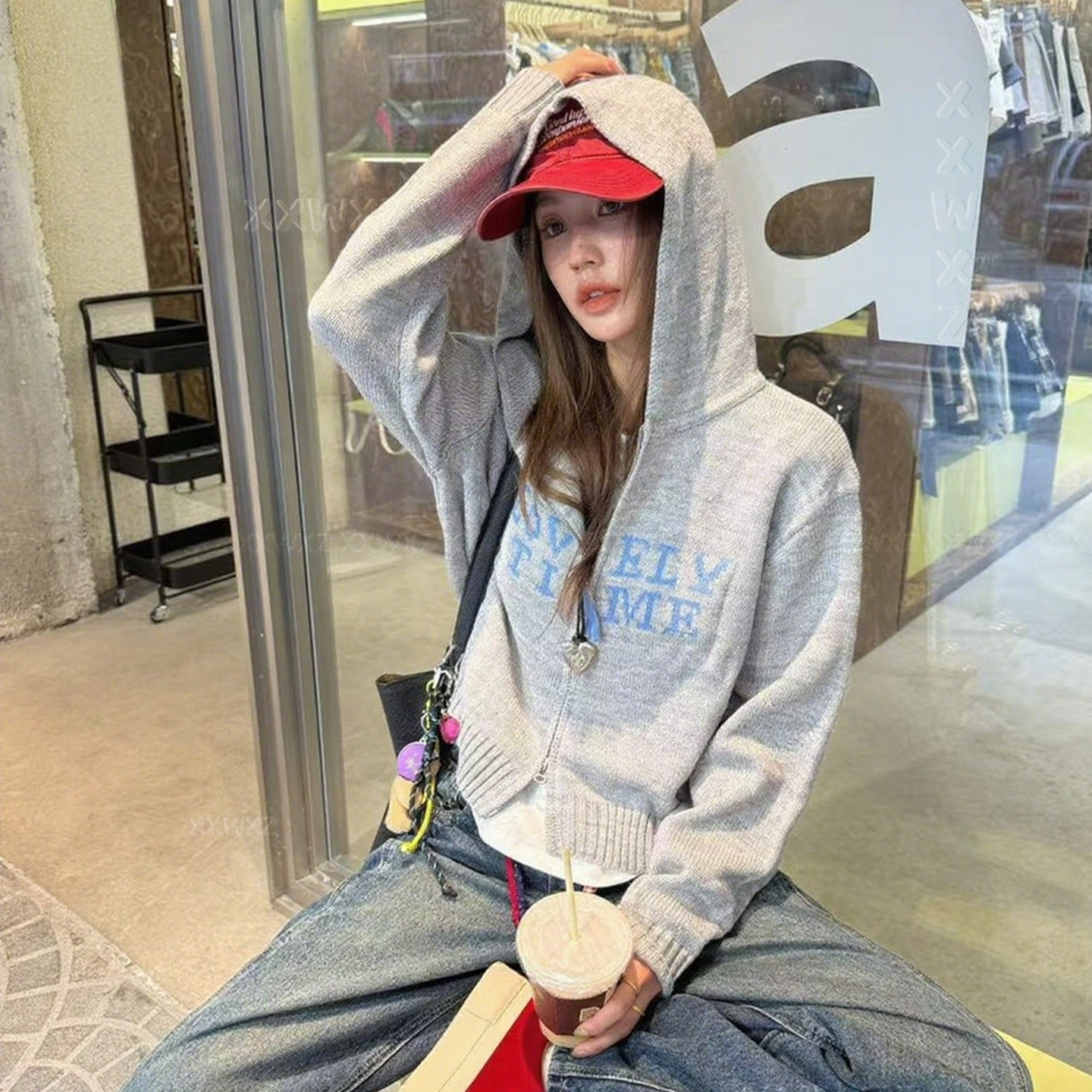 小众设计字母连帽卫衣毛衣外套女早秋宽松百搭拉链针织开衫上衣