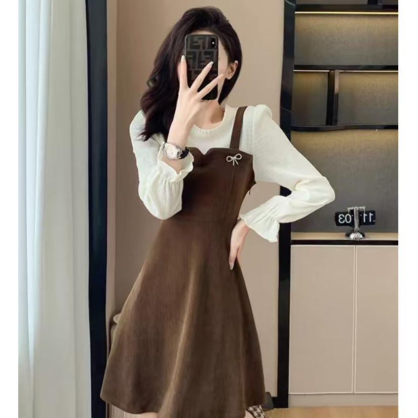 小个子穿搭今年流行裙子秋季法式长袖灯芯绒拼接假两件背带连衣裙
