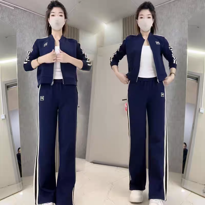 休闲运动套装女春秋时尚洋气开衫上衣杠条拼接高腰长裤显瘦两件套