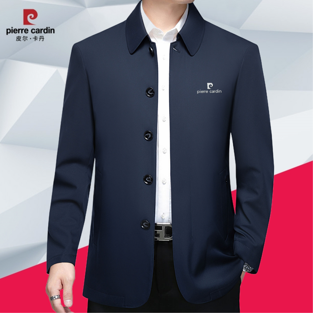 皮尔卡丹春秋新款休闲男士翻领夹克中年商务修身行政干部爸爸外套