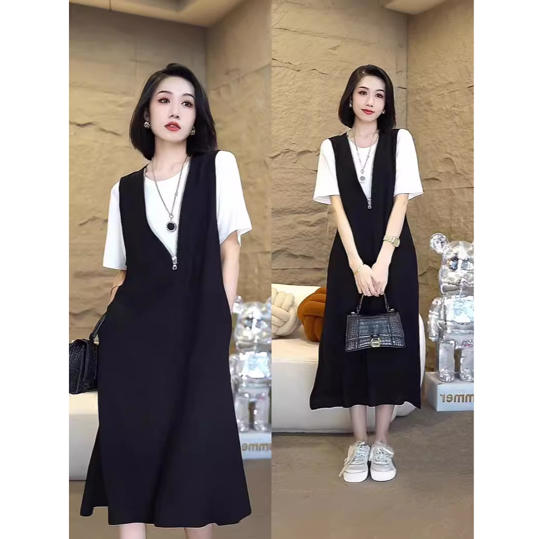 微胖mm短袖T恤套装女夏季大码宽松显瘦衣服背心V领中长裙子两件套