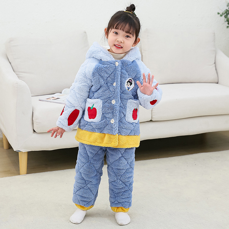 儿童睡衣女童冬季三层加绒加厚珊瑚绒可爱中小童女孩童套装家居服