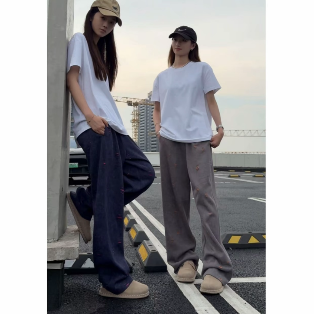 早秋美式潮牌男生卫裤撞色休闲裤男宽松直筒裤男款重磅弯刀裤