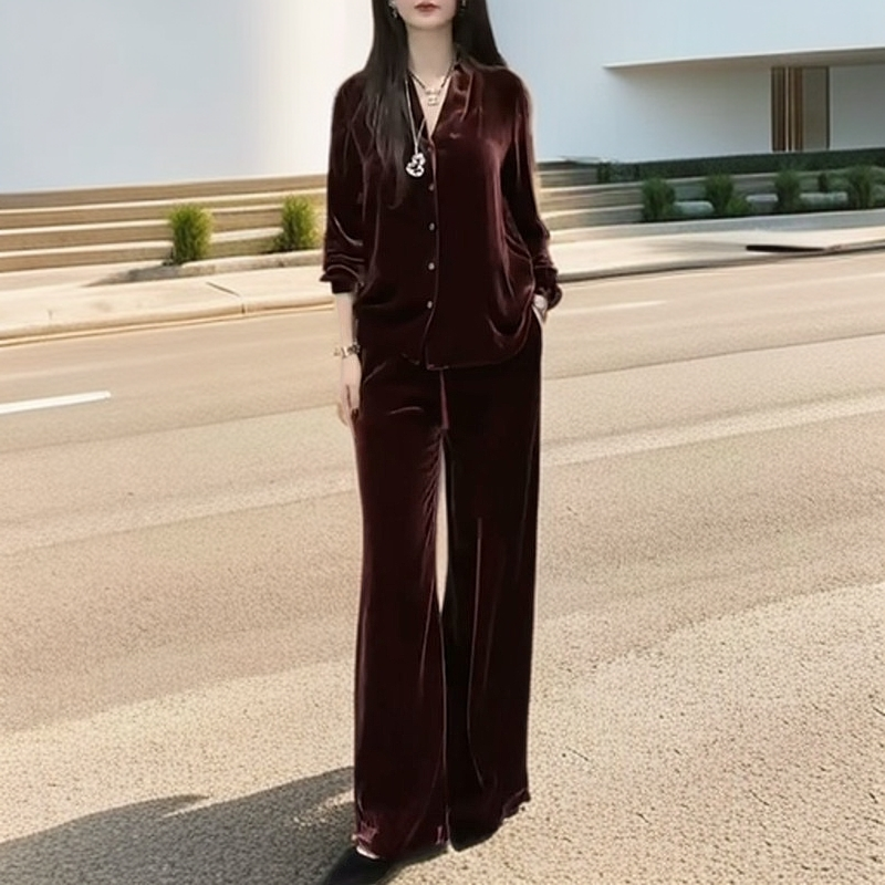 高端2024秋季新款套装女高级洋气宽松丝绒V领上衣阔腿裤两件套女