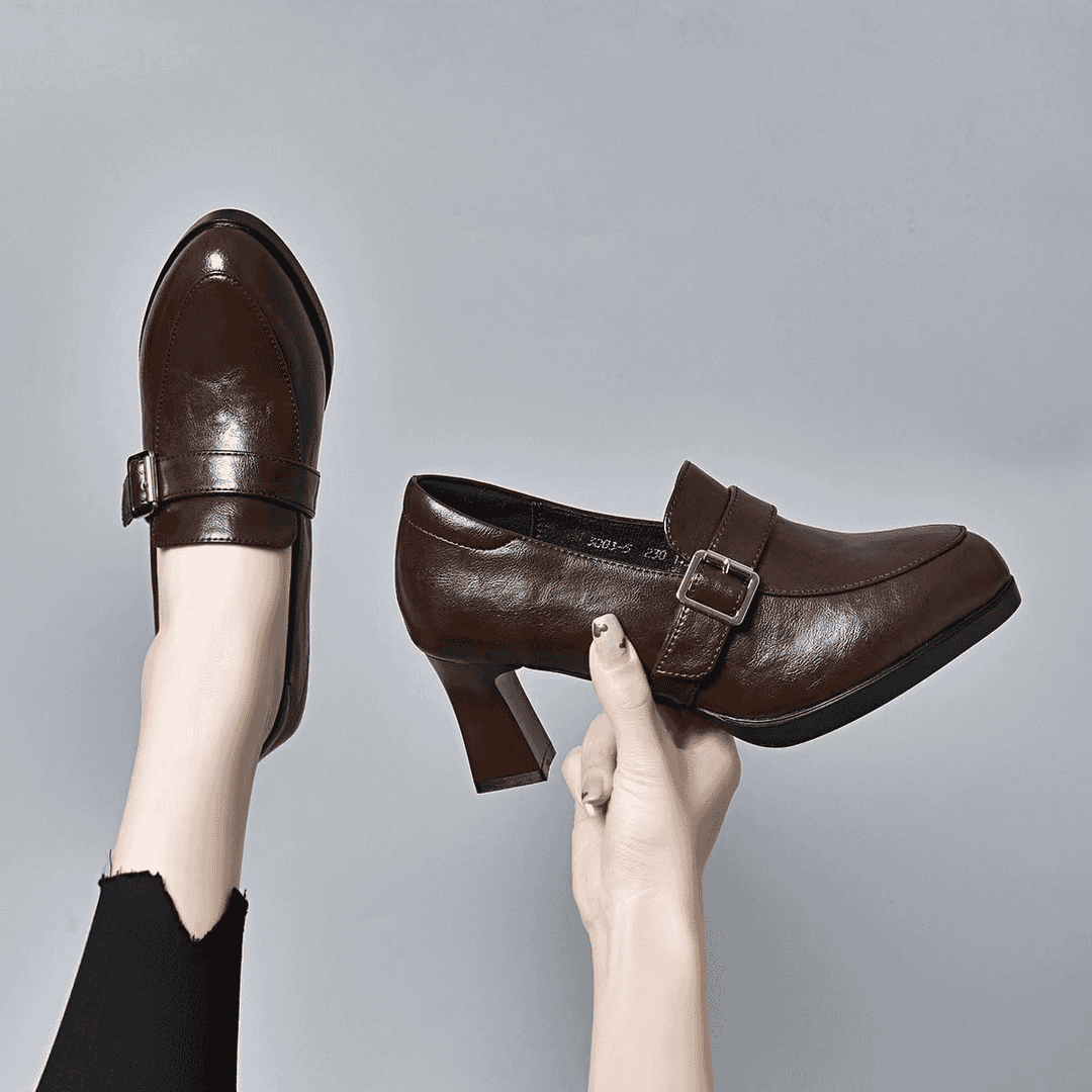 2025春秋新款高跟鞋女法式粗跟防水台真皮深口单鞋尖复古小皮鞋