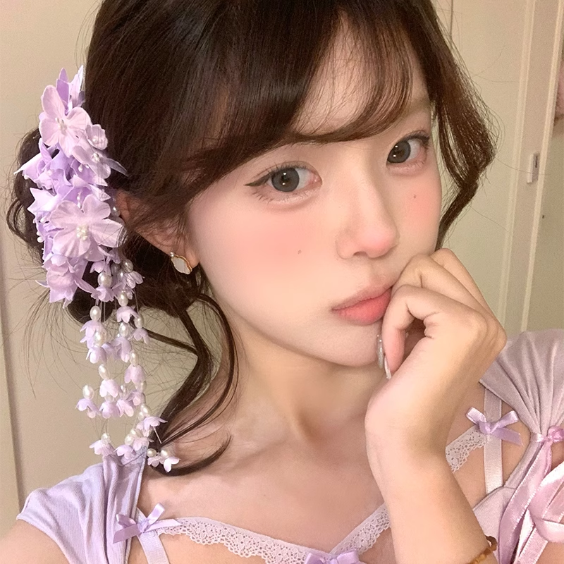 新中式复古铃兰花流苏发夹女头饰超仙古风紫色头花发卡侧发饰
