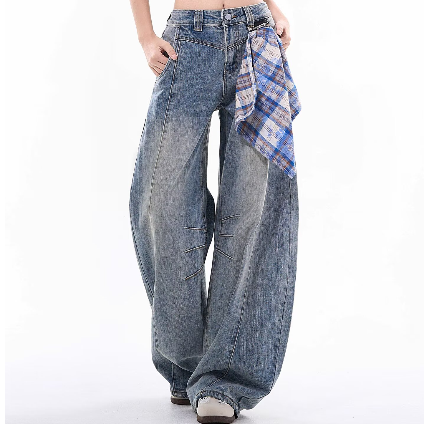 美式复古阔腿弯刀牛仔裤男潮牌情侣可拆卸方巾宽松直筒拖地休闲裤