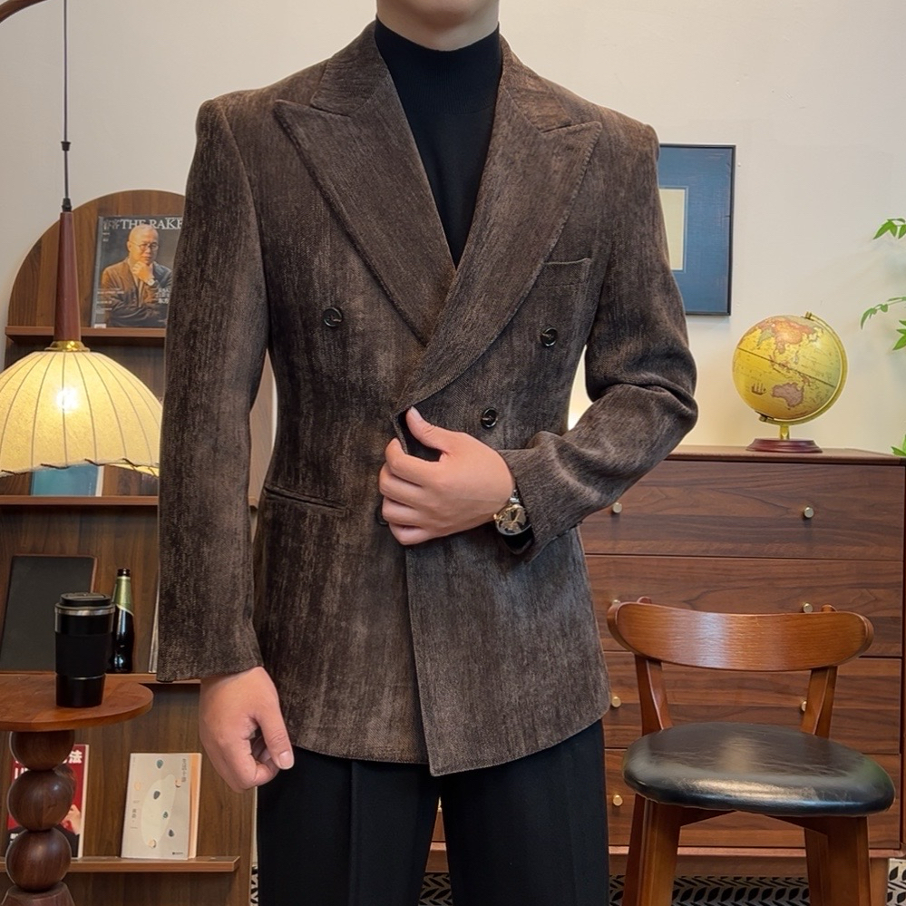 6408正装西服上装秋冬潮流正肩袖长袖双排扣修身提花抓毛