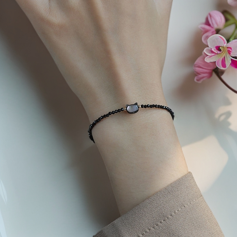 合金贝壳手链 黑尖晶串珠猫咪手链女vintage轻奢高级感手环小众个