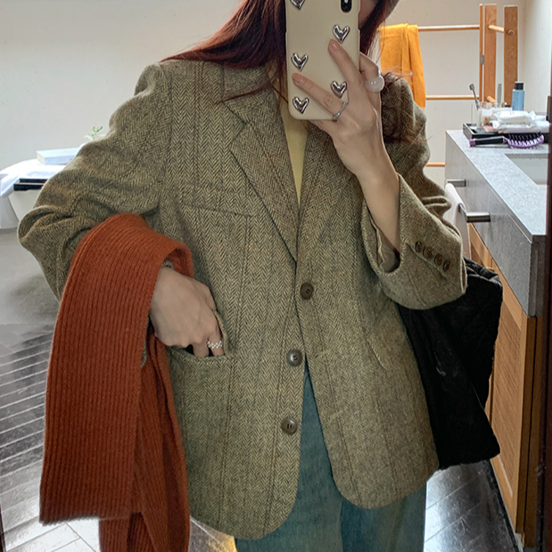 韩版复古人字纹暗格呢含羊毛廓形厚西装外套女小个子2588#