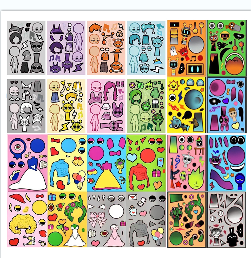 节奏盒子贴纸Sprunki女孩免裁剪2025新款卡通趣味人物换装贴纸书