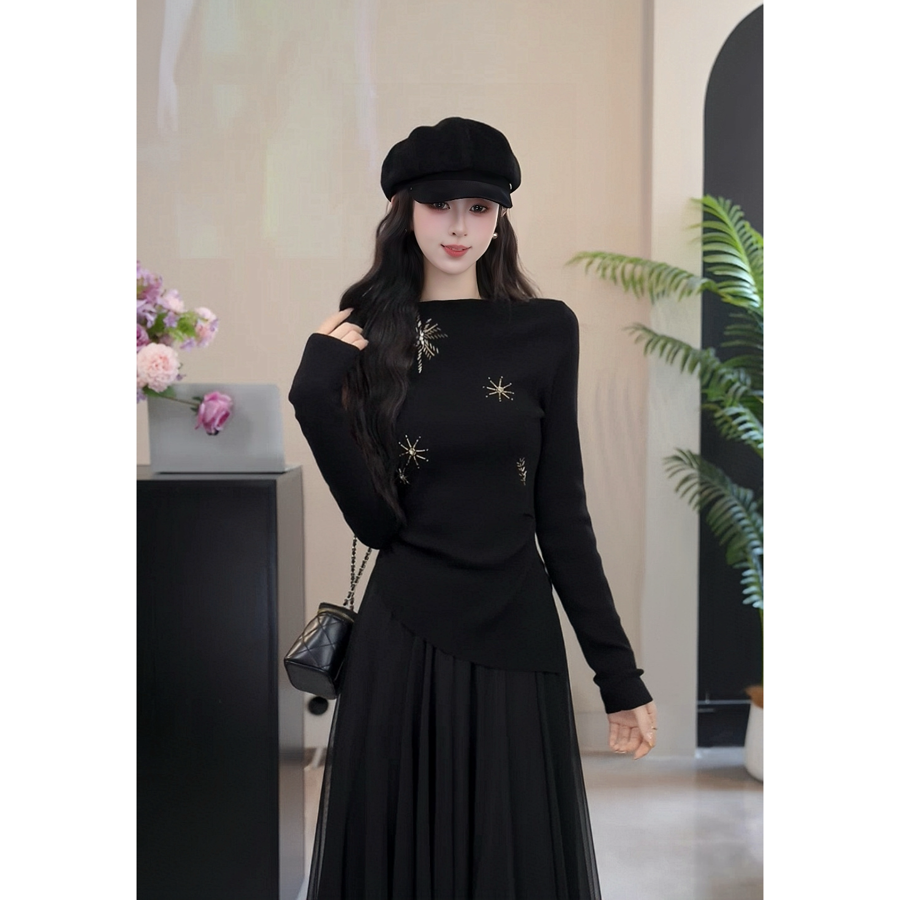 YUANLIANSU/圆脸酥【桃蹊柳陌】法式不规则下摆钉珠上衣女装秋新款